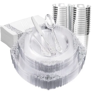 175PCS Clear Silver Plastic Plates -Include 50 Plates, 25 Cups, 25 Forks, 25 ... - Picture 1 of 9