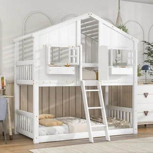 Twin Over Twin House Bunk Bed with Roof , Window, Guardrails and Ladder, White - Picture 1 of 9