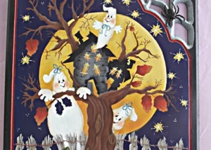 decoración de halloween, placa de pared, placa de tela de araña, fantasmas, casa embrujada, luna, árbol - Imagen 1 de 4