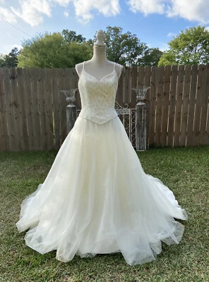 Ivory Beaded Fairytale Dress Long Tulle Train Women’s Size 12 V-Neck Sleeveless - Image 1 of 4