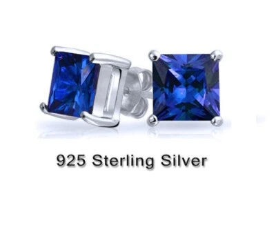 Women Girl 925 Sterling Silver Blue Cubic Zirconia Square Stud Earrings 5mm B14 - Image 1 of 4