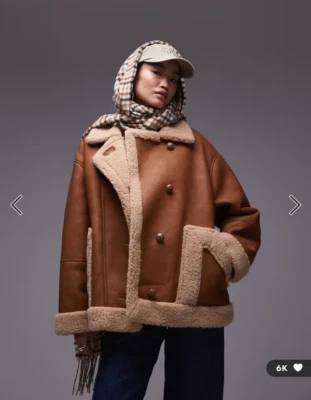 Topshop Asos Oversized Shearling Borg Tan Brown Leather Look Jacket Coat - Image 1 of 2