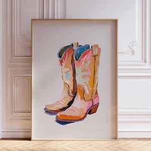 Acuarela Rosa y Azul Oeste Suroeste Vaquera Botas de Vaquero Impresión de Arte de Pared - Imagen 1 de 6