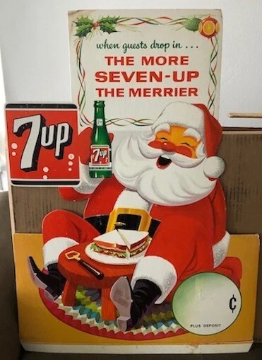 Tarjeta de precio de Navidad vintage 7UP Soda Santa Claus - Letrero de exhibición original de tienda Foto 1 de 4