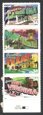UnUsed Strip 34 Cent US Postage Stamps GREETINGS FROM AMERICA N. Carolina TEXAS - Image 1 of 2