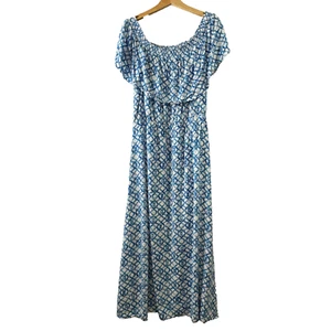 Chicos Dress Womens XL Blue White Smocked Maxi On or Off Shoulder Elastic Waist - Picture 1 of 6
