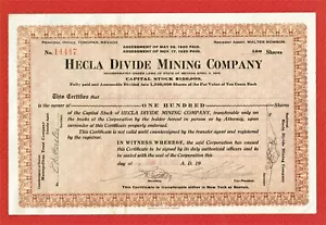 HELCA DIVIDE MINING COMPANY, TONOPAH NEVADA, 1922 NEVADA STOCK CERTIFICATE - Picture 1 of 1