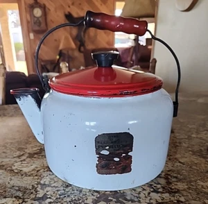 Vintage Wards Enamelware Kettle White w Red Wooden & Wire Handle Red Lid - Picture 1 of 11