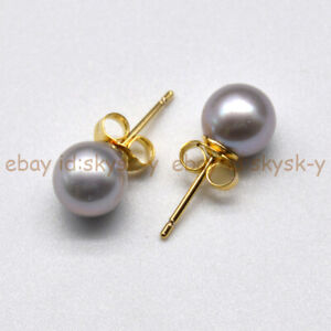 7-8mm Silver Akoya Real Natural Round Gray Pearl 14K Yellow Gold Stud Earrings