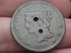 1842 BRAIDED HAIR LARGE CENT PENNY- SMALL DATE, FINE DETAILS, OLD BUTTON?