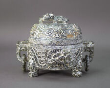 Chinese Hand Carved Soapstone Dragon Ritual Tripod Lidded Censer Incense Burner 