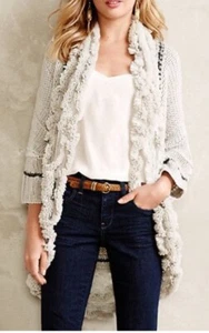 Chunky Knit S Cardigan Open Long Alpaca Blend Art To Wear Fringe Cottage Cozy - Picture 1 of 8