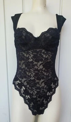 Vintage Vassarette Lace Embroidered Teddy Bodysuit Size 36B Black Mesh Frilly - Image 1 of 4