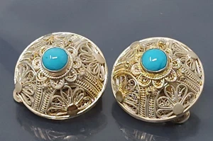 Vintage Sterling silver Turquoise Filigree Round Clip on Earrings - Picture 1 of 5