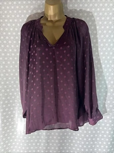 Womens Next Petite Uk 14 Red Wine Spot Long Sleeve V Neck Casual Satin Blouse - Picture 1 of 6