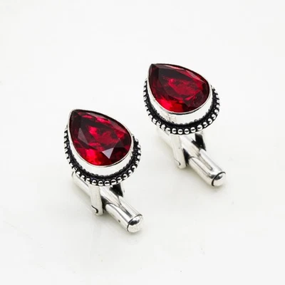 Gemelos hechos a mano de plata de ley 925 con piedras preciosas granate de Mozambique Stnd. Foto 1 de 4