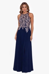 Betsy & Adam Petite Embroidered Gown Navy/Rose Size 4P $299 - Picture 1 of 4