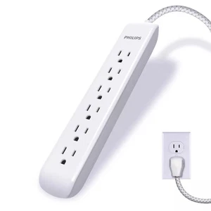 Philips 6 Outlet Surge Protector 6Ft Extension Cord Flat Plug Tangle Free White - Picture 1 of 3