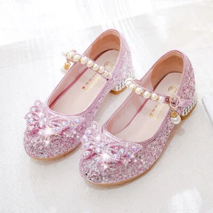 Kids Elsa Princess Shoes Girls Party Sequins Bow Glitter Fancy Dress Sandals - Picture 1 of 20