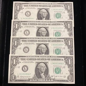 4 CONSECUTIVE $1 1963 B Uncirculate (JOSEPH BARR) Federal Reserve Note (em74) - Picture 1 of 2