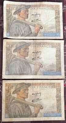 FRANCE 1942, '43 & '44   "LE MINEUR" 10 FRANC NOTES (3 NOTES IN ALL) - Image 1 of 2