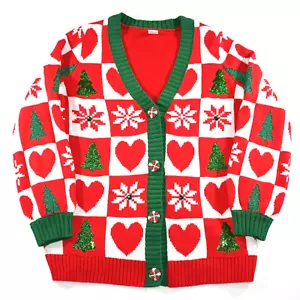 MAGLIONE BRUTTO NATALE donna med 8-10 cardigan rosso bianco verde paillettes glitter - Foto 1 di 18