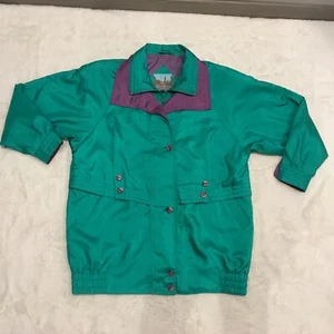 Vintage Womens Cyclone Rain Jacket Windbreaker 80s Purple Green Sateen - Picture 1 of 5