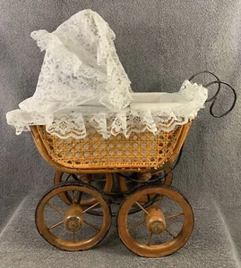 Vintage Cane Wicker Baby Doll Stroller Pram Metal And Wood Nice Please Read - Picture 1 of 16
