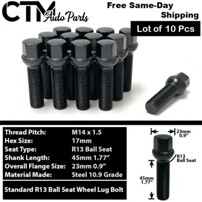 10x Pernos de tuerca de rueda de asiento de bola negros 14x1,5 vástago de 45 mm para ruedas Mercedes Stock Foto 1 de 4