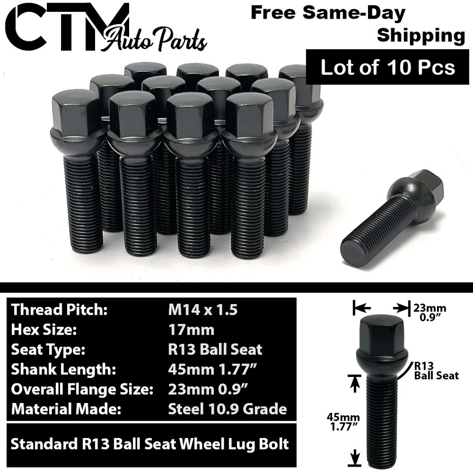 10x Pernos de tuerca de rueda de asiento de bola negros 14x1,5 vástago de 45 mm para ruedas Mercedes Stock Foto 1 de 4