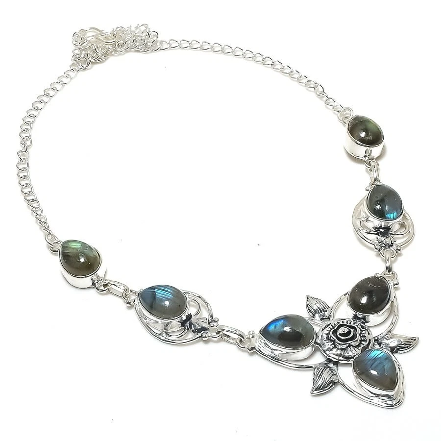 Collar de joyería de plata de ley 925 hecho a mano con piedras preciosas de labradorita tamaño 18" Foto 1 de 1