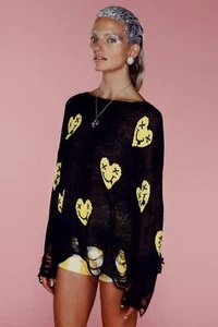 Nuevo con etiquetas Wildfox White Label Corazón Cara Lennon Suéter en Negro - Imagen 1 de 1