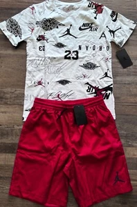 NWT Nike Jordan Boys YLG Red/White/Black All Over Print Wind Shorts Set Large - Picture 1 of 3