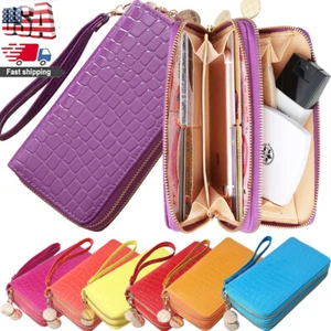 Women's Leather Long Wallet Zipper Wallet Cell Phone Pocket Wristlet Handbag US - Picture 1 of 22