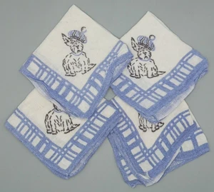 Vintage 4 Scottie Scotty Dog Linen Cocktail Dinner Napkins White Blue 10" x 11" - Picture 1 of 11