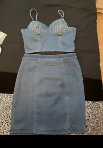 Denim Rhinestone crop top and skirt set Large - Picture 1 of 3