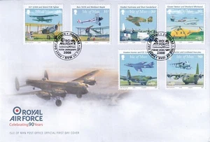 RAF Celebrating 90 Years. Full set of 6 Isle of Man Stamps. Official; FDC - Picture 1 of 3