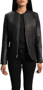 Women's Quilted Leather Jacket, Zip Front with Ribbed Panels, Fitted Style - Picture 1 of 16