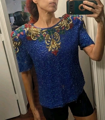 SCALA Talla M De Colección Años 80 Azul Seda Floral Cuentas Lentejuelas Top Talla Foto 1 de 4