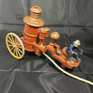 Vintage Cast Iron Horse Drawn Fire Pumper With Driver No Horses Or Front Wheels - Picture 1 of 16