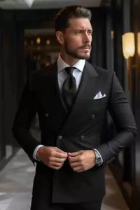 Men's Black Double Breasted Suit – Tailored Fit, Classic Elegant Formal Wear - Picture 1 of 4