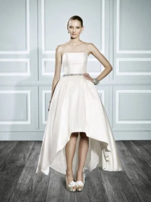 Moonlight Couture 8 Wedding Dress Ivory Taffeta Ball Gown Hi Lo Strapless T703 - Image 1 of 4