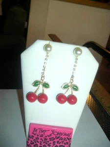 PEARL POST Attached RHINESTONE CHAIN CHERRY Gold Betsey Johnson Pierced EARRINGS - Picture 1 of 4