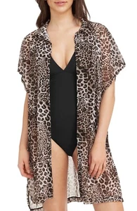 Sea Level Cover-Up Shirt Women's Small Brown Animal Print Short Sleeve JDM1189 - Picture 1 of 12