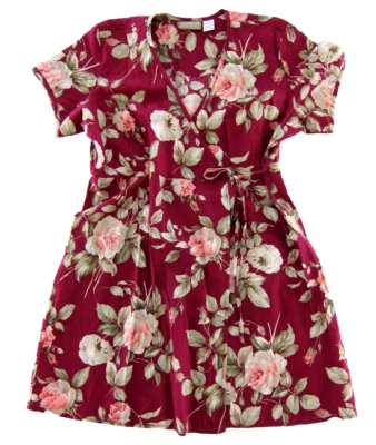 Vintage Liz Claiborne Linen Pink Brown Rose Floral Short Sleeve Wrap Dress 16 - Image 1 of 4