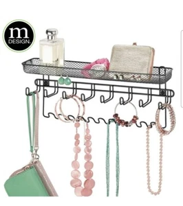 mDesign Metal Wall Mounted Jewellery Storage Organiser Rack Shelf 19 Hooks New - Picture 1 of 8