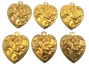 Heart Pendants 1 7/8" Lot of 6 Charms Gold Tone Stamped Brass Raised Design - Picture 1 of 5