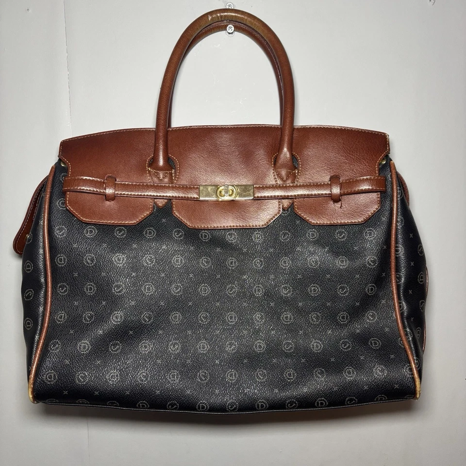 David Jones Paris Monogram Tote Bag Brown Tan Faux Leather Satchel Handbag Large - Image 1 of 4