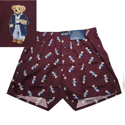 Polo Ralph Lauren Mens Coffee Polo Bear Burgundy Woven Boxer Short Underwear NWT - Image 1 of 4