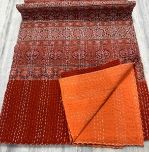 Kantha Quilt Bedspread Bedding Throw Double Ajrakh Print Cotton Blanket Orange - Picture 1 of 4